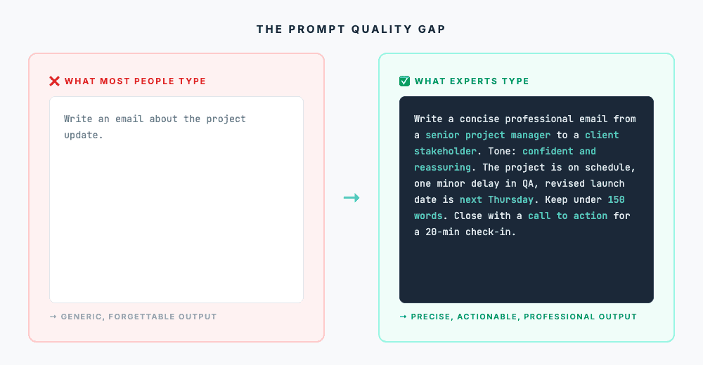 Comparison showing a generic AI prompt versus an expert-level prompt with role, context, and format specifications